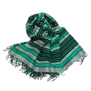 Hermes Cashmere Tartan Check Fringe Blanket Scarf Large Shawl Green
